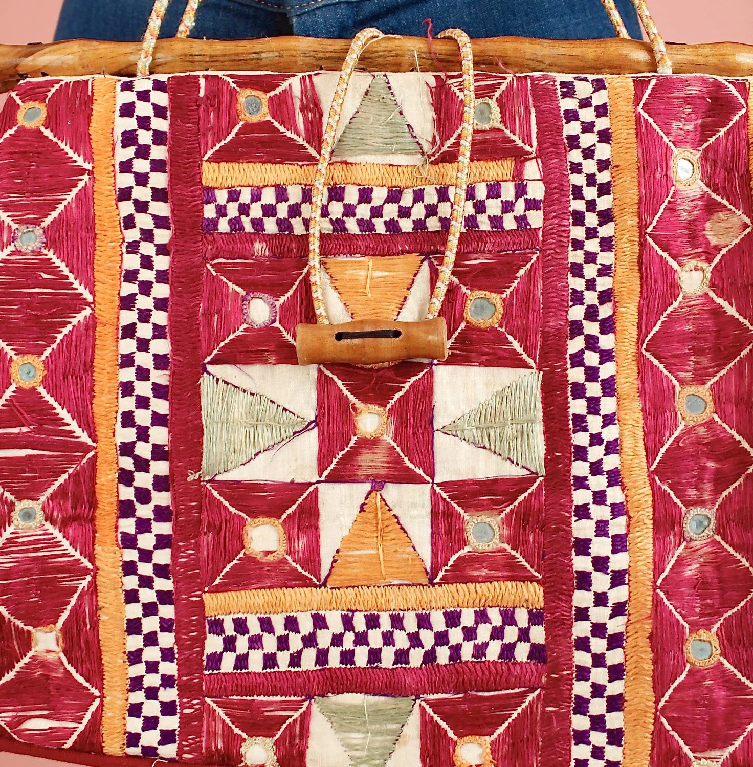 Vintage Embroidered Mirror Work Bamboo Handbag // Circa 1960s-70s